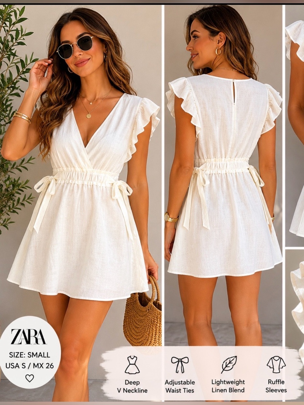 Zara White Linen Blend Mini Dress Ruffle Sleeve Size Small